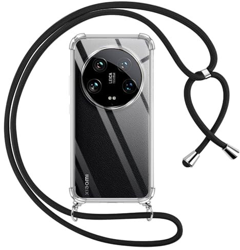 Pnakqil Coque pour Xiaomi 14 Ultra avec Cordon, Transparente Silicone Housse avec Réglable de Collier Anti-Chute Etui pour Xiaomi 14 Ultra, Ètuis à Bandoulière 6.73, Noir