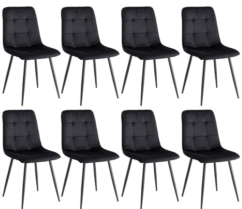 DEYARNA HOME 8er Set Moderne Esszimmerstühle (Holländisches Vlies), Gepolsterte Küchenstühle mit Metallfüßen, Armlose Beistellstühle für Wohnzimmer, Esszimmer, Schlafzimmer (Schwarz)