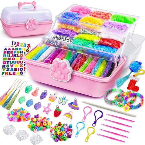 ROSHUKG 50 Farben Loom Bänder Set mit 3 Schicht Niedlicher Aufbewahrungsbox, DIY Gummibänder Armbänder für Jungen Mädchen Weben Geschenk(Rosa)