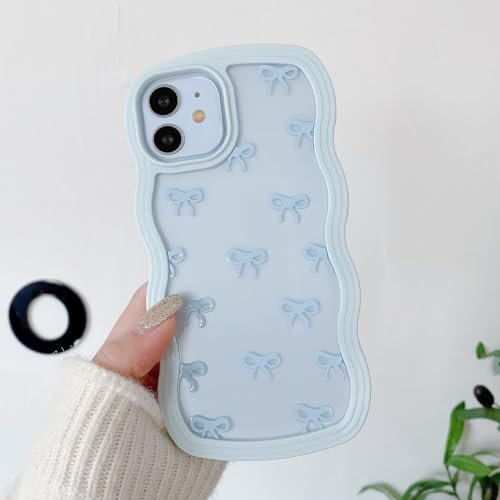 QLTYPRI Bow Case for iPhone 11, Clear Cute Ribbon Bow Phone Case Curly Wavy Aesthetic Phone Case, Slim Soft Transparent Shockproof Protective Cover for Women Girls - Light Blue