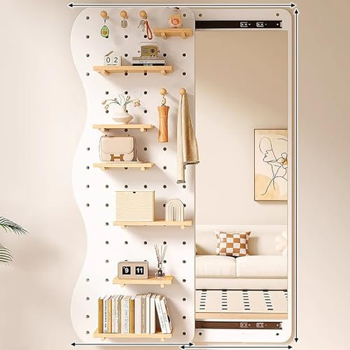 XRRJFYH Stecktafel Wand Organizer mit Unsichtbarem Ganzkörperspiegel, Lochplatte Holz, Werkzeugwand, Pegboard, Lochwand, Werkstattwand(White,160x40cm/63x16in)