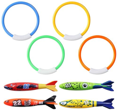 8 Piezas Juguetes de Buceo para Nadar Bajo el Agua, Juguetes para Nadar Bajo el Agua, Anillos de Buceo y Pescados Salto Juguetes, Juguetes de Buceo en Piscina, Piscina Entrenamiento Juego para Niños