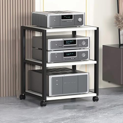 Meuble Hifi 1 2 3 4 5 Niveaux Support Multimédia AV Robuste avec Roulettes Rustique, Supports et Supports Stéréo Professionnels pour Lecteurs CD, Système de Tour Multimédia de Stockage DVD(White,Three