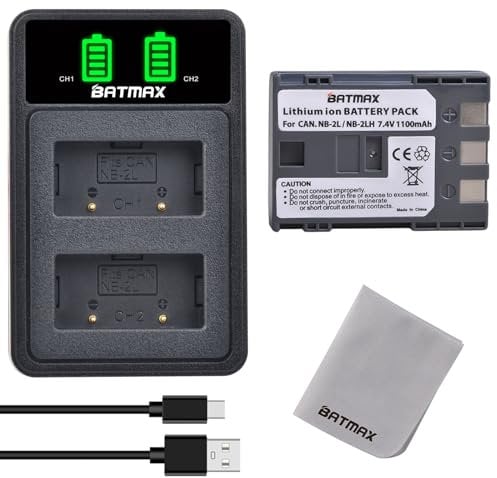 Batmax NB-2L Battery and Battery Charger Set for Canon NB-2L NB-2LH HF R10, PowerShot G7 G9 S30 S40 S45 S50 S60 S70 S80 EOS 350D 400D HV30 HV40 DC300 HG10 IXDVY M3 DV55 DV3 FV M20 M30 M100 M200 M500