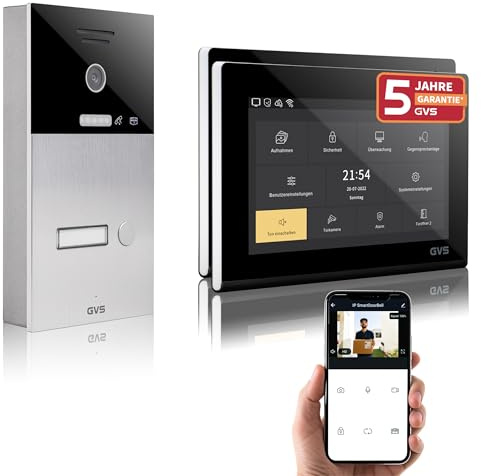 GVS IP Video Türsprechanlage mit Türöffner, 2X 7 Zoll Monitore & App | Smarte Video Türklingel mit Kamera und Monitor & App - Gegensprechanlage für 1 Familienhaus (AVS1085A)