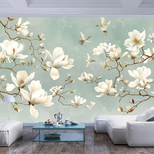 Premium Fototapete Blumen Vögel weiß cyan Pflanzen Tapete Wandbild Bild Tapeten Wandtapete Wandtapete Raumerweiterung