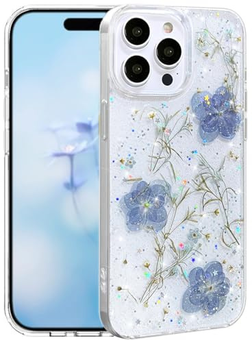 Efitoo for iPhone 12/13 Pro Max Case Clear Glitter with Flowers Design Real Dried Pressed Floral Bling Sparkle Cute Soft Slim Aesthetic Shockproof Protective Girly Women Girls Phone Cover (Blue)