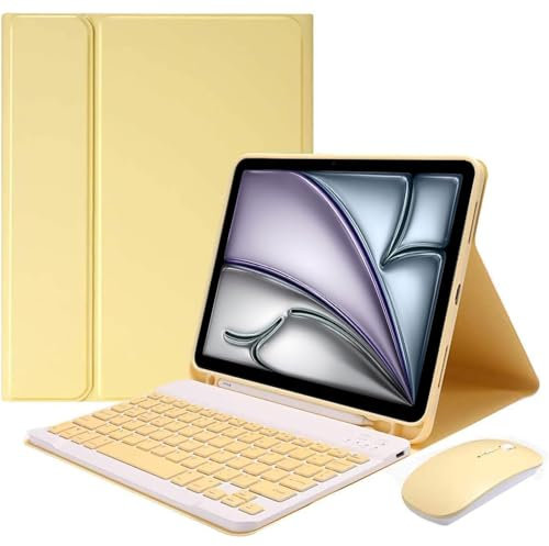 EHLCYS Funda con Teclado para iPad Air 11 Pulgadas (M3/M2 7ª/6ª generación), iPad Air 5ª/4ª Gen 10,9 Pulgadas, Español Teclado Extraíble, Funda Ultrafina con Soporte para Lápiz Y Ratón,Amarillo