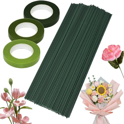 PXBSNB 150 st blomtråd Grön 30 cm, blomtråd för hantverk, floristtråd 2 mm, blomstammar grön tråd med 3 rullar floristband, stifttråd för floristik för hantverk, konstgjorda blommor
