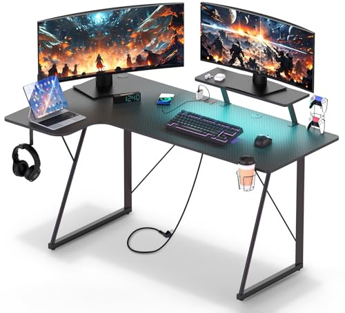 Wohenster Gaming Tisch mit ladefunktion, L Form Schreibtisch, Eckschreibtisch für Büro, Pc Ecktisch Computertisch mit Monitorständer, Einfach zu Montieren Eck Tisch, Schwarz, 150X90x75cm