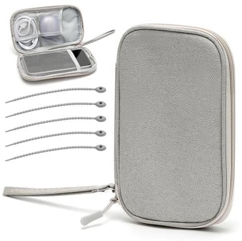 FL HUA Cable Organiser Bag Small, Electronics Travel Pouch Portable with 5 Silicone Cable Ties, Charger Wire Organiser Bag Grey for Daily Life, Business Trips and Travel