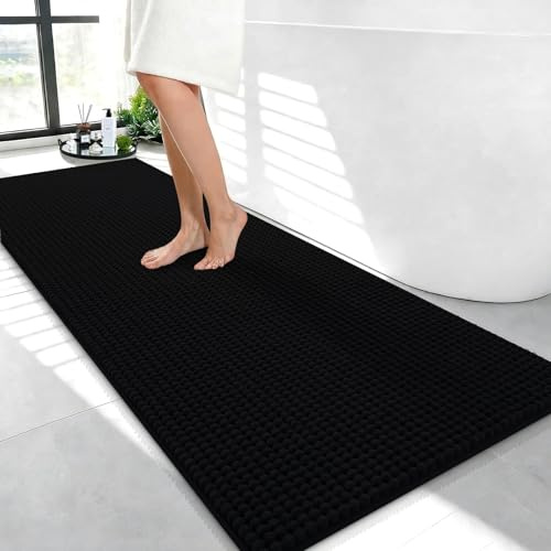 Linruione Premium Chenille Badematte Schwarz 120x50cm Teppich Badezimmer Groß, Badezimmerteppich rutschfest Waschbar Bad Teppich Extra Dicker 1400 GSM Badvorleger, Ultra Weich & Saugfähig