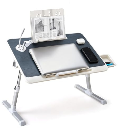 BTGGG Adjustable Laptop Stand Bed Table, Multi-Angle Height Adjustable Bed Desk, Upgraded Laptop Tray with USB Ports & Side Drawer & Book Stand, Foldable Lap Desk for Read, Food, Bed & Sofa, Black