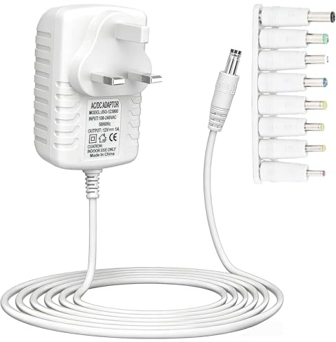 12V 2A Power Supply, 12V Power Adapter 1A, AC/DC Adapter 100-240v 50/60hz DC Power Supply, Multi Plug Universal Charger with Connector Holder, for Case Fan IP/CCTV Camera Keyboard Router, 8 in 1 White