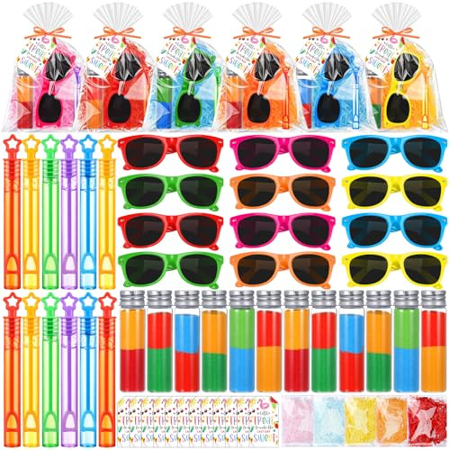 Soulchen 12 Sets/77 Pcs Summer Party Favor Set for Kids, Sunglasses Bubble Wands Colored Sand Craft Kit with Goodie Bags for Birthday Party Favors Pool Classroom Rewards Back to School Student Gifts