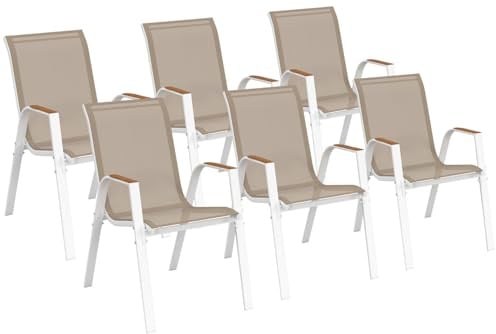 IDMarket - Set aus 6 stapelbaren Gartenstühlen NOUMEA aus Metall und Textilene in Weiß und Holz