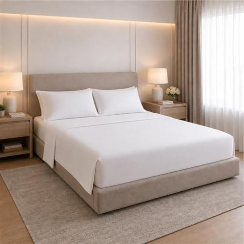 Montse Interiors Juego de Sábanas Algodón 100% (Blanco Liso, 150 x 190/200) | 4 Piezas con Sábana Encimera, Bajera Ajustable y 2 Fundas de Almohadas, Suave, Transpirable | Cama 150x190/200