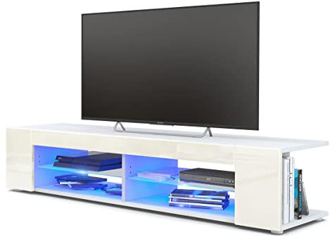Vladon Lowboard Movie, TV-Kommode mit 4 offenen Fächern und Zierleisten, Weiß matt/Creme Hochglanz, inkl. LED-Beleuchtung blau (134 x 29 x 39 cm)