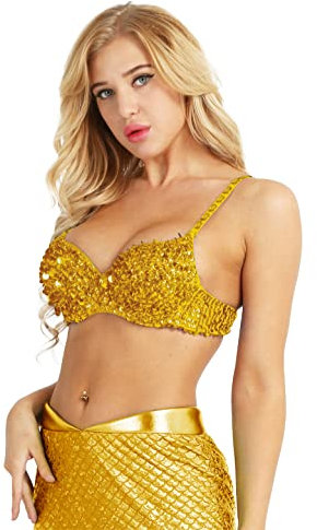 Agoky Damen glänzend Pailletten BH Top mit Glitzer Bra Crop Tops Party Clubwear Bauchtanz Kostüm sexy Oberteil in 6 Farben Gold 34