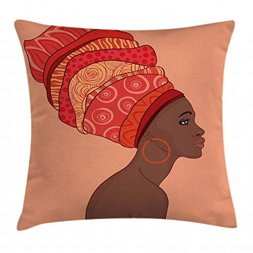 ABAKUHAUS afrikanische Frau Kissenbezug, Junges Mädchen Turban, Kissenhülle mit Reißverschluss Waschbar Farbfest Beidseitiger Druck, 40 x 40 cm, Schokolade Lachs Korallenrot Rot