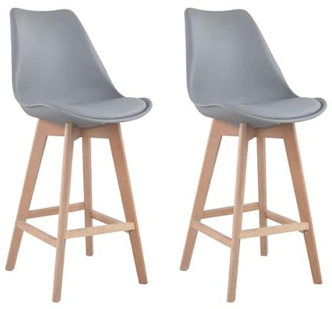 Happy Garden Lot de 2 tabourets de Bar Sven Gris avec Coussin. Tabourets de Bar Style scandinave avec Dossier et Repose-Pieds, tabourets de Cuisine, Pieds en Bois de hêtre Massif