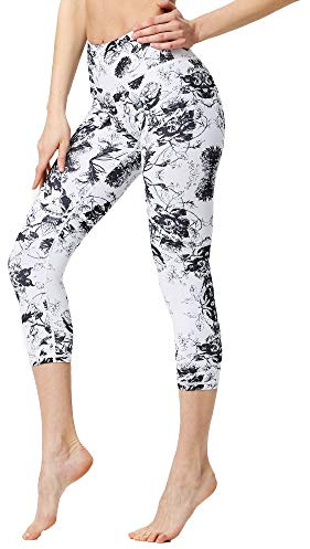 FLYILY Women's Capris Sports Leggings Running Tights High Waist Bandage Stretch Fitness Yoga Pants (WhiteFlower, M)