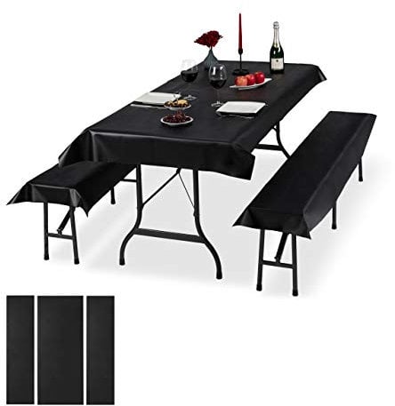 Relaxdays 6 x Bierzeltgarnitur Auflage, 2 Biertisch Tischdecken 250x100cm, 4 Bierbankauflagen 250x55cm, abwaschbar, schwarz