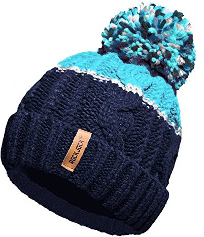 Unisex Herren Damen Warm Winter Chunky Color Block Ski Bommel Bommelmütze mit Kuscheligem Thermo Teddy Fleece Liner