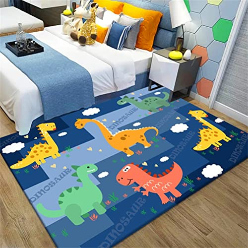 Kinderteppich Cartoon-Dinosaurier 3D Wohnzimmerteppich Rutschfest Grau Blau Musik Rock Tyrannosaurus Teppiche Jungen und Mädchen Spielteppich Kinderzimmer Teppich Waschbar (Navy Blau,120 x 160 cm)