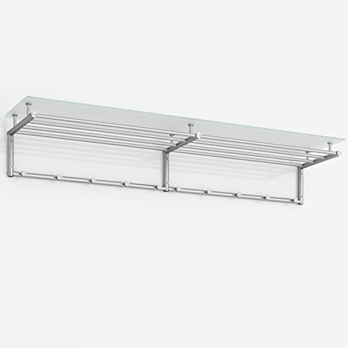Wandgarderobe Edelstahl mit Glasablage, 120 cm breit, 4 Kleiderstangen und Kleiderhaken - PHOS Design