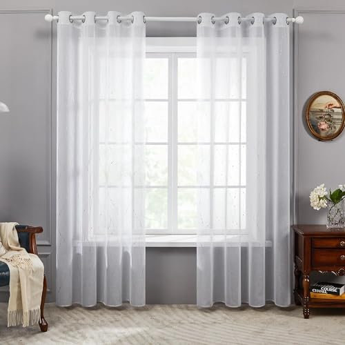Deconovo Gardinen Weiß Vorhang Transparent Leinenoptik Ösenvorhang Voile Ösenschal Wohnzimmer, 290x140, Welle
