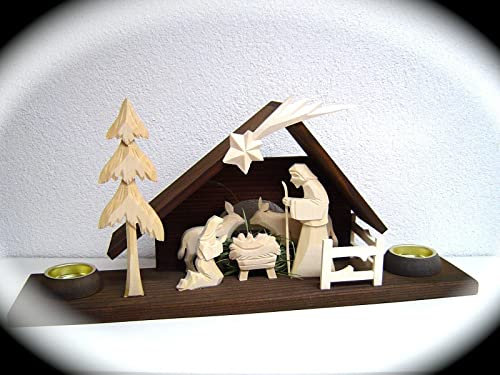 Holz Krippe geschnitzt 44 cm Christi Geburt mit 2 Teelichthalter 2 farbig 63009
