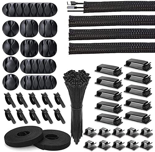 Eono 152pcs Cable Management Kit, 4 Sleeves, 20 Clips, 23 Straps, 3 Holders, 100 Ties, Black, 1E+1cm