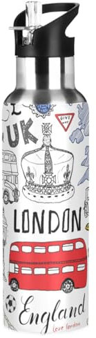 ZZKKO London City Doodles Water Bottle with Straw Stainless Steel Iron Flask Capsule Water Bottle Daily Water Intake Bottle Thermos Cups No Spill for Hiking & Biking 32OZ/1000ML