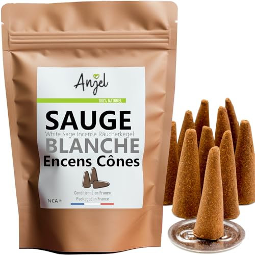 10 Cônes Encens Senteur SAUGE BLANCHE - Encens Cône 100% Naturel Relaxation Méditation Sauge Blanche Purification a bruler + Brûleur Porte Encens Offert purification maison - Réduction du stress - NCA