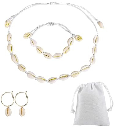 ATBUSS Juego de 4 pendientes de pulsera de collar de concha marina con bolsillo con cordón, gargantilla ajustable, joyería de concha, accesorios de playa de verano para mujer