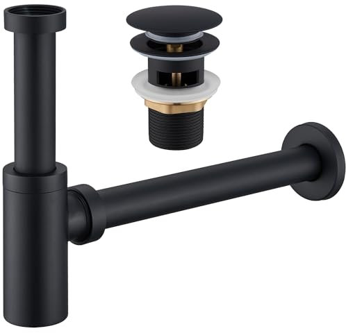 Ulytid Siphon Waschbecken mit Ablaufgarnitur mit Überlauf - Universal Röhrensiphon Abflussrohr und Ablaufventil Pop Up Schwarz Matt - Edelstahl Abflussgarnitur für Waschtisch Badezimmer