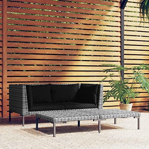 Homgoday 3-TLG. Gartenlounge Set Gartenmöbel Set Gartensofa Sitzgruppe Gartenlounge Gartengarnitur Rattanmöbel Sitzgarnitur Balkonmöbel Dunkelgrau Halbrundes Poly Rattan