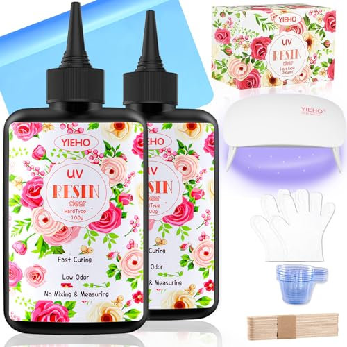 YIEHO Resine UV 200g Kit avec Lampe- Resine UV Transparente Cristal Clair Résine époxy uv Durcissement Rapide Durcie Resine uv pour Bijoux pour Débutants Fabrication avec Tapis en Silicone