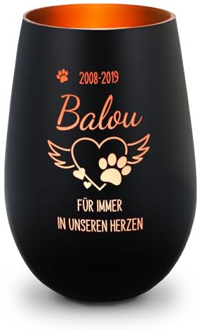 GRAVURZEILE Deko Windlicht aus Glas mit Gravur - Pfotenherz - Personalisiert mit Namen & Datum - Haustier Trauerlicht - Grabschmuck zur Beerdigung oder als Andenken - Schwarz/Bronze