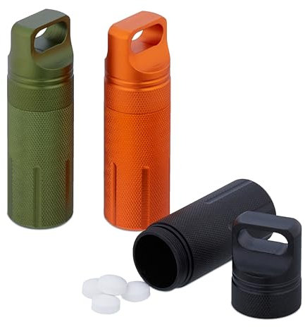 Relaxdays wasserdichte Kapsel, 3er Set, Pillendose Schlüsselanhänger, für unterwegs, Aluminium, HxD: 9,5 x 3 cm, bunt