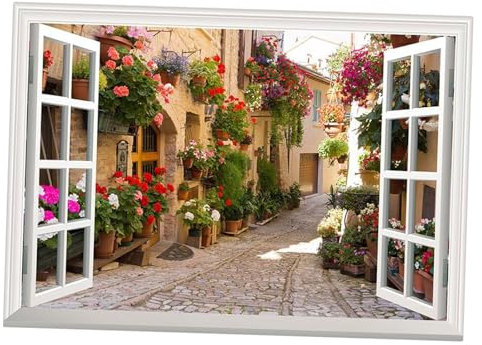 Baoblaze Adesivi Murali per Finestre Finte Finestre con Apertura Finta Rimovibili Rose Lane Falsa Finestra Paesaggio per Decorazioni Murali Soggiorno Bagno, 50x70 cm