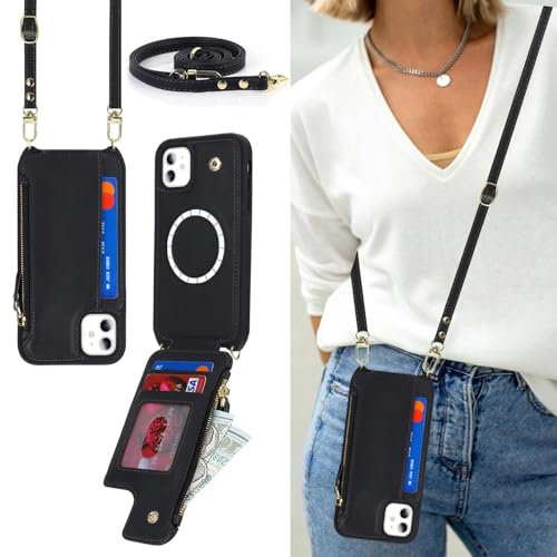 Zouzt for iPhone 11 6.1 Inch Wallet Case with Card Holder, PU Leather Flip Credit Slot Crossbody Lanyard Strap Adjustable Necklace Protective Phone Cover Women for iPhone 11 (Black)