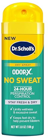 Dr. Scholl’s Odor-X No Sweat Dry Foot Spray, 3.8 oz - 24-Hour Perspiration Control, Stay Fresh & Dry, Limits Wetness & Excessive Sweat, Keeps Feet Dry to Help Prevent Blisters, Great for Men & Women