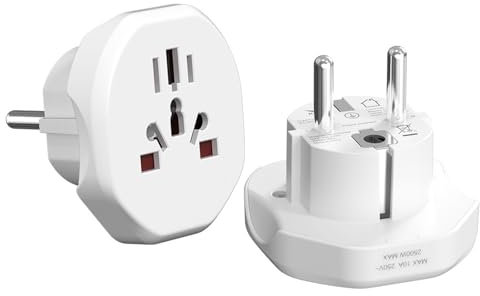 BrightArk Adaptador de Viaje Universal para España, Adaptador de Enchufe Internacional para USA/EU/UK/AU/JP/CN Adapta, 110-250V Adaptador de Corriente, Enchufe de Viaje Compacto Blanco 2 Piezas