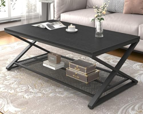 LVB Couchtisch Rechteckig 120x60x45 cm Wohnzimmertisch mit Stauraum Wohnzimmer möbel Sofatisch Holz Metall Design Modern Schwarz