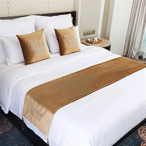 GOFOHIMI Velluto Runner Letto Matrimoniale,Modello di Corona Corridore Letto Moderno Nordico, Morbido Confortevole Sciarpa Scarf Runner Decorazione per Hotel,Oro,240 * 45cm per 180cm Letto