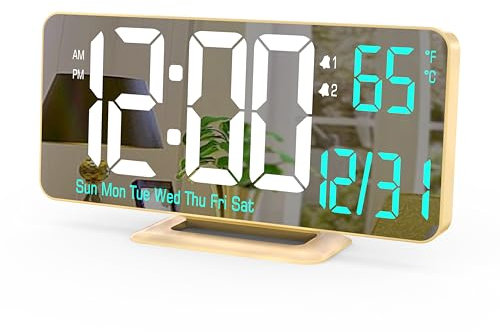 KOSUMOSU Dual Wecker 6.7in Gold Schreibtisch Uhr mit Dimmen, 12/24h, Sekunden, Datum, Wochentag, Temp, Digital LED Uhr für Schlafzimmer, Digital Kalender Uhren für Wohnzimmer Gold Schreibtisch Zubehör