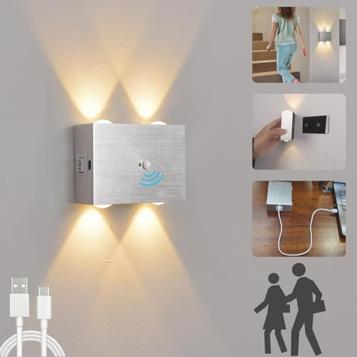 VOMI Akku Wandlampe Innen mit bewegungsmelder, LED Wandleuchte Kabellos Ohne Stromanschluss 4000mAh Batteriebetrieben USB Aufladbare Up Down Leuchte Magnetische Wandbeleuchtung für Flur