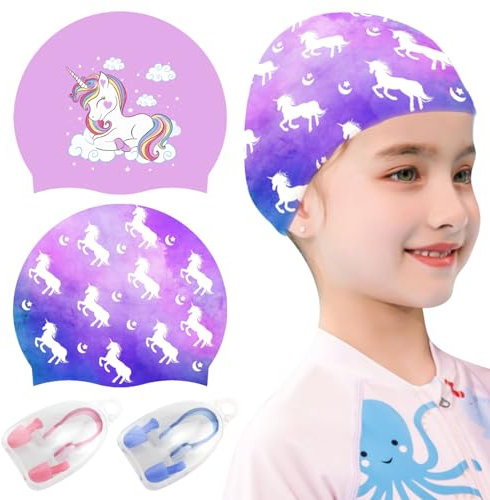 TYXHXTF 2 Pcs Gorro de Natación, Gorro de Baño de Silicona Impermeable, Gorros de Piscina Unicornios para Niña, con Clip Nasal y Tapones, para Niñas y Niños de 3 a 12